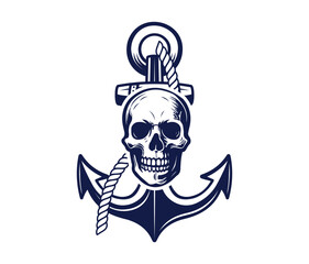 nautical logo vector illustration, old english anchor with skull graphic design