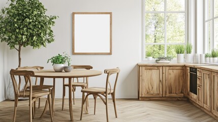Wooden kitchen and dining area with large window.