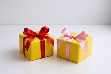 Obraz premium Two Yellow Gift Boxes with Red and Pink Ribbons on a White Surface.