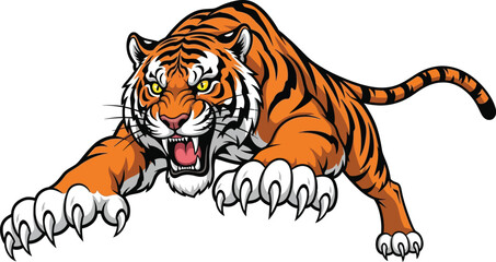 A fierce Bengal tiger cartoon prowls forward with sharp claws, conveying powerful animal wildlife with an intense orange and black striped coat.