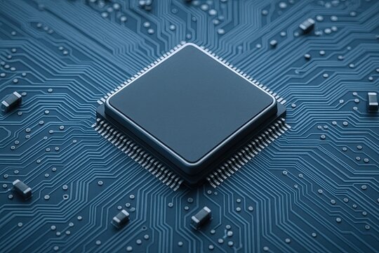 Close-up of a computer microprocessor chip on circuit board with electronic components.