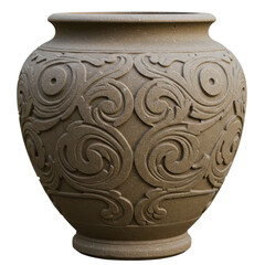 Ornate clay vase with intricate swirling patterns, showcasing craftsmanship in a neutral setting