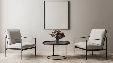 A modern living room scene with two armchairs and a round coffee table.