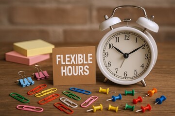 Classic white alarm clock with black hands and numerals next to colorful push pins and sticky notes on wooden surface.