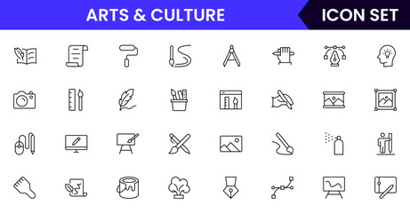 Arts and Culture vector web line icon collection, sleek illustrations of palettes, music, masks, heritage for vibrant, creative designs.