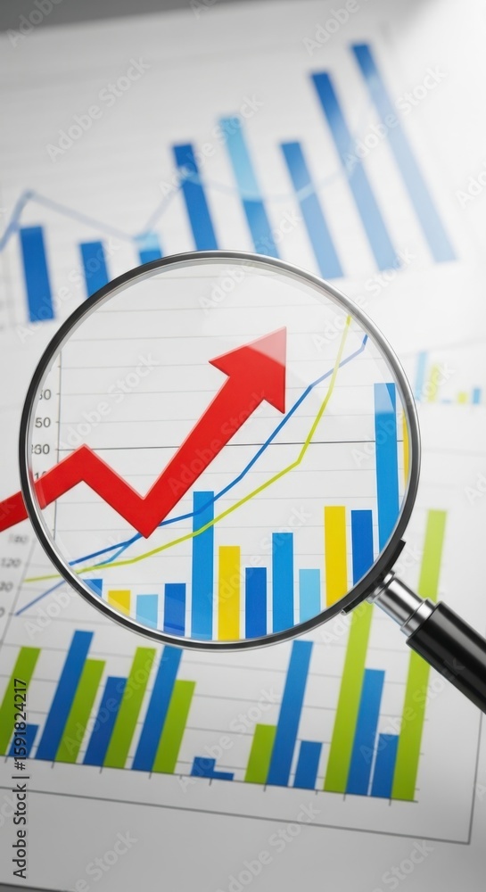 Poster magnifying glass over upward trending red arrow graph data analysis chart