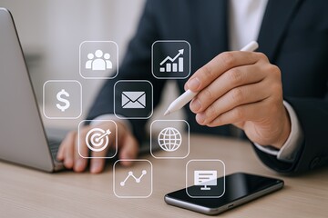 Businessman using digital pen with financial and data analysis icons on tablet.