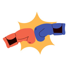 Cartoon vector illustration of red boxing gloves striking another blue punching with comic-style explosion. Drawing design element for fighting spirit, sports gear and impact. Great for editorial, bra © Kakigori Studio