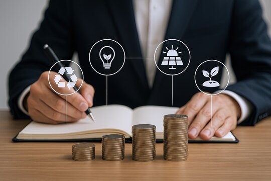 Businessman analyzing financial growth with icons representing idea innovation solar energy and plant sustainability. - Powered by Adobe