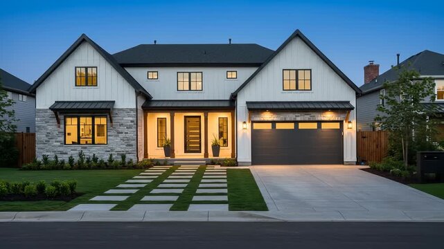 Modern Farmhouse: A beautiful, modern farmhouse with a manicured lawn, showcasing board and batten siding and contemporary design in an evening setting.