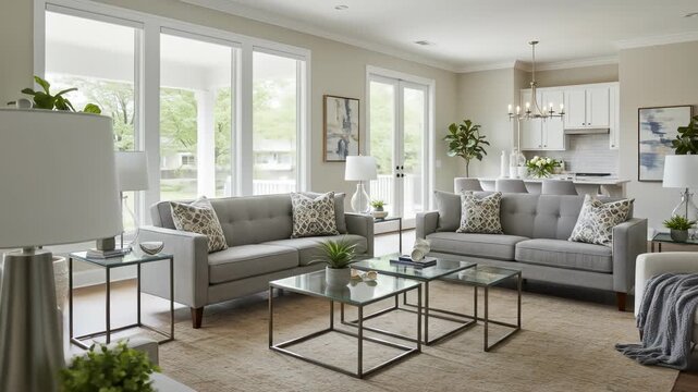 Bright Living Room: Elegant grey sofas accent a sunlit, neutral-toned interior, complete with modern glass coffee tables and leafy plants enhancing the welcoming atmosphere.