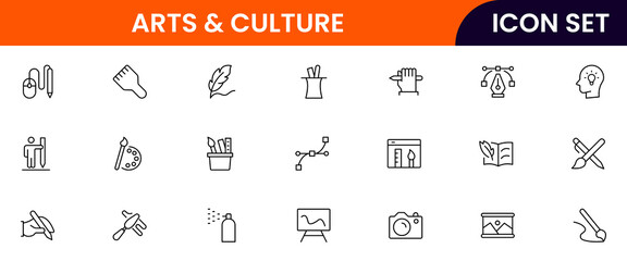 Arts and Culture vector web line icon collection, sleek illustrations of palettes, music, masks, heritage for vibrant, creative designs.