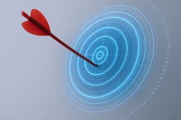 Red dart hitting a digital target with futuristic glowing blue holographic circle.