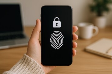 Hand holding smartphone displaying fingerprint lock security screen in modern workspace.