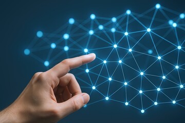 Human hand touching a luminous digital network with interconnected nodes and lines.