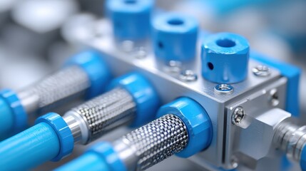 maintenance technical machinery infrastructure concept. Industrial machinery with blue hydraulic components.