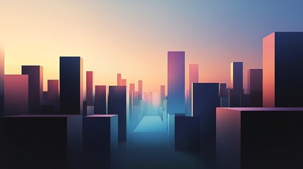 Abstract Cityscape Silhouette with Warm Sunset Light and Geometric Shapes