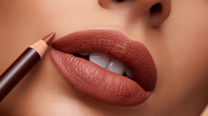 Lip liner pencil outlining full lips with matte brown lipstick closeup, smooth skin and natural makeup look