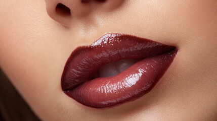 Glossy dark red lips with lip liner outline create sensual and elegant makeup look on smooth skin
