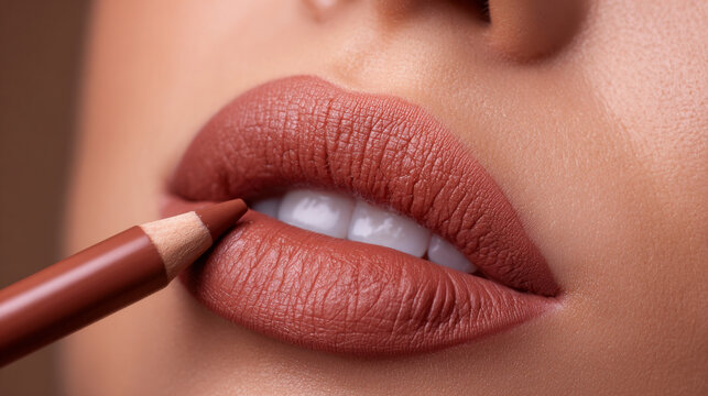 Lip liner pencil applying natural matte brown lipstick on smooth lips with white teeth closeup