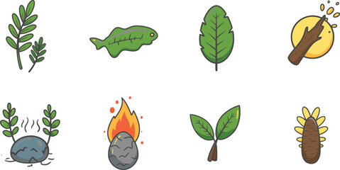 Vector art of a set of handdrawn leaf and plant illustrations featuring various branch and foliage styles isolated on transparent background