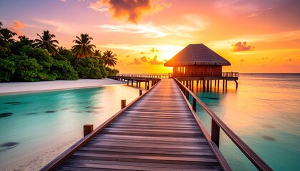 Obraz premium Tropical sunset over a wooden pier (1)