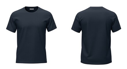 Two navy blue tshirts displayed from front and back on a plain white background