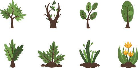 Vector art of cartoon trees and plants isolated on transparent background, showcasing a variety of different shapes and styles