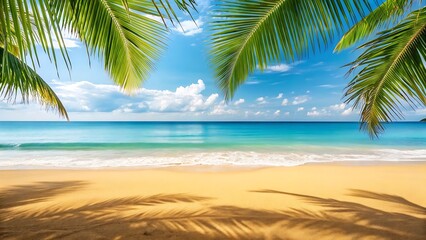 Obraz premium Serene Tropical Beach Scene: Palm Tree Shadows on Golden Sand, Turquoise Ocean, Sunny Sky