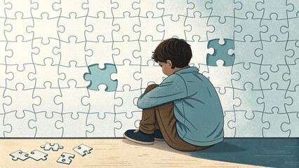 Illustration of a boy with a puzzle, representing autism, loneliness, challenge, or mental health, perfect for educational and mental health-related projects.