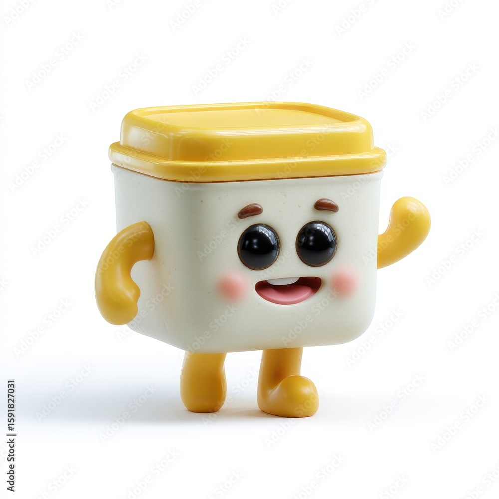 Poster cheerful box character waving with joyful expression