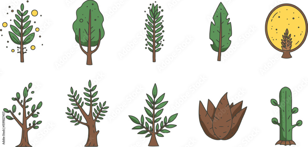 Aufkleber vector art of a charming collection of whimsical tree illustrations isolated on transparent backgrou