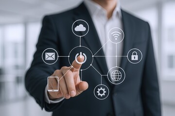 Businesswoman in formal suit interacting with futuristic digital cloud computing interface.