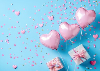 Valentine's Day background with heart-shaped balloons, gift box, and confetti on a blue backdrop. Valentine's celebration concept