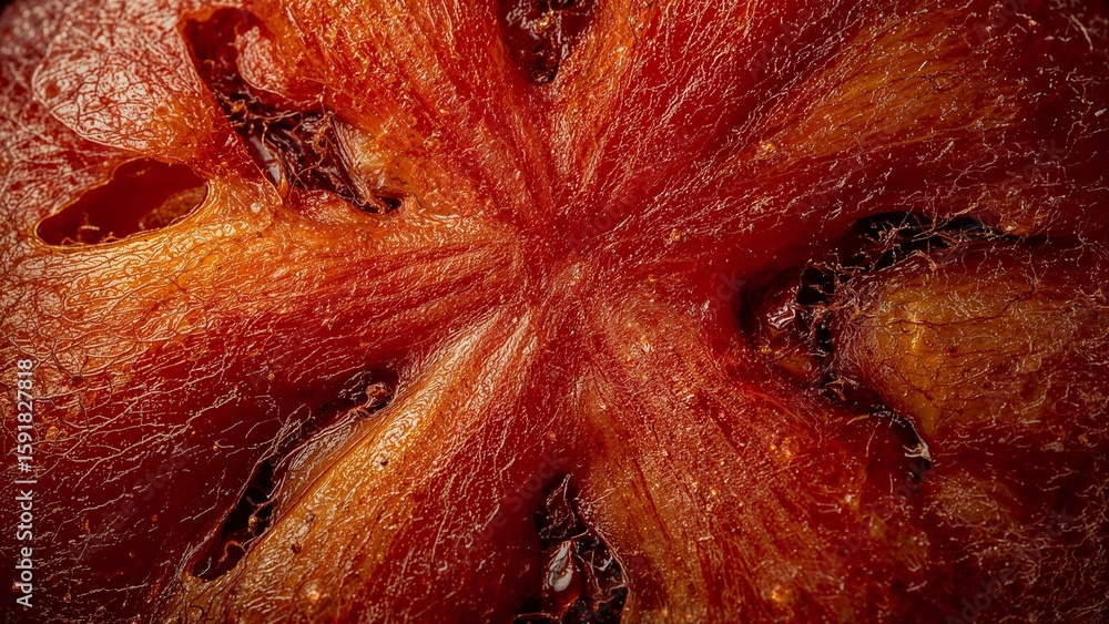 Poster a close up view of a sliced quince showing its core and flesh with a shiny translucent texture