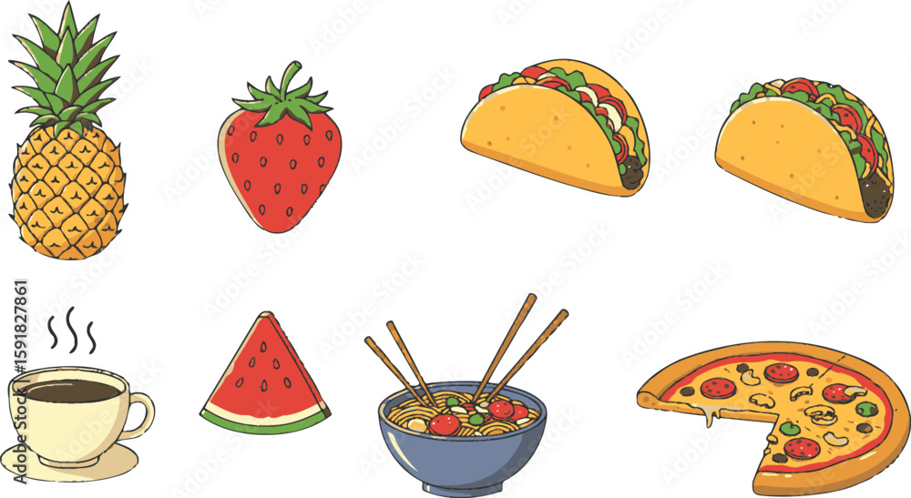 Poster vector art of a colorful array of delicious food illustrations isolated on transparent background
