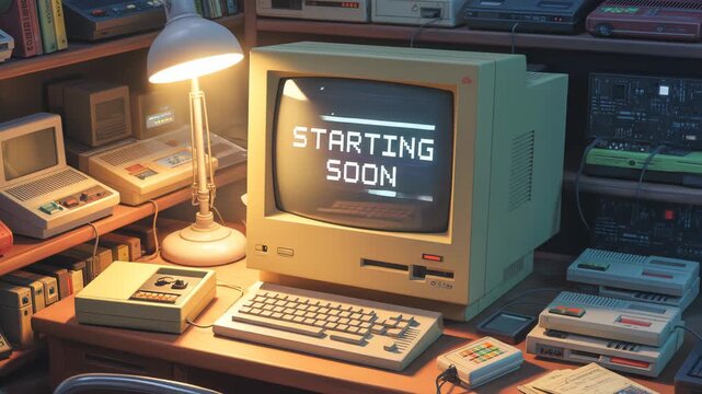 Retro Computer Setup: Nostalgic Tech and "Starting Soon" Message. Stream starting soon screen, overlay loop, animated virtual backgrounds, cozy lo-fi gaming room, vtuber asset twitch zoom OBS, livestr - Powered by Adobe