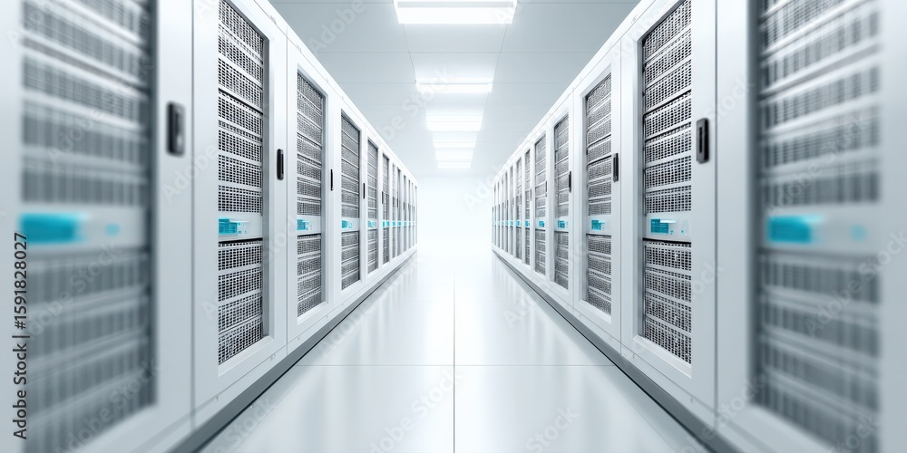 Poster maintenance technical machinery infrastructure concept. data center corridor with rows of servers an