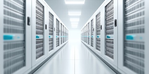 Obraz premium maintenance technical machinery infrastructure concept. Data center corridor with rows of servers and illuminated ceiling.