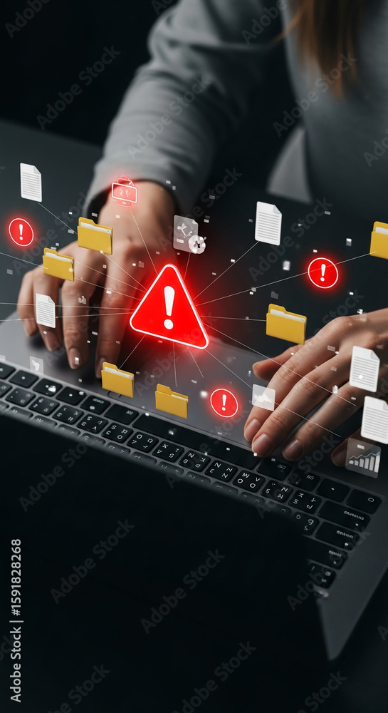 Fototapete hands typing on laptop, surrounded by digital icons showing files and warning signs, representing da