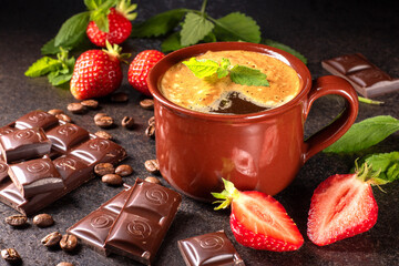 A cozy cup of coffee on a wooden table with strawberries, chocolate, and coffee beans