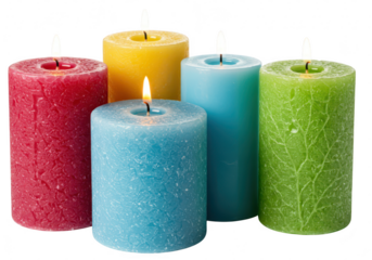 A group of five colorful, textured candles with lit flames glow brightly, isolated on a transparent background
