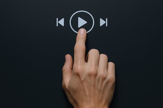 Close-up of a person's hand pressing play button on a digital media control interface.