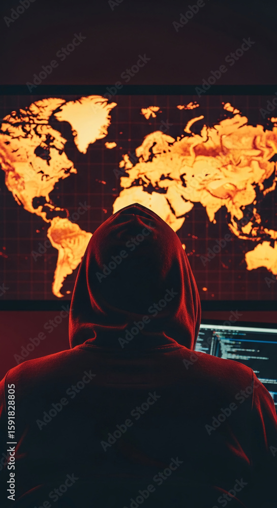 Poster hooded figure seated before a screen displaying a glowing world map, suggesting global reach and dig