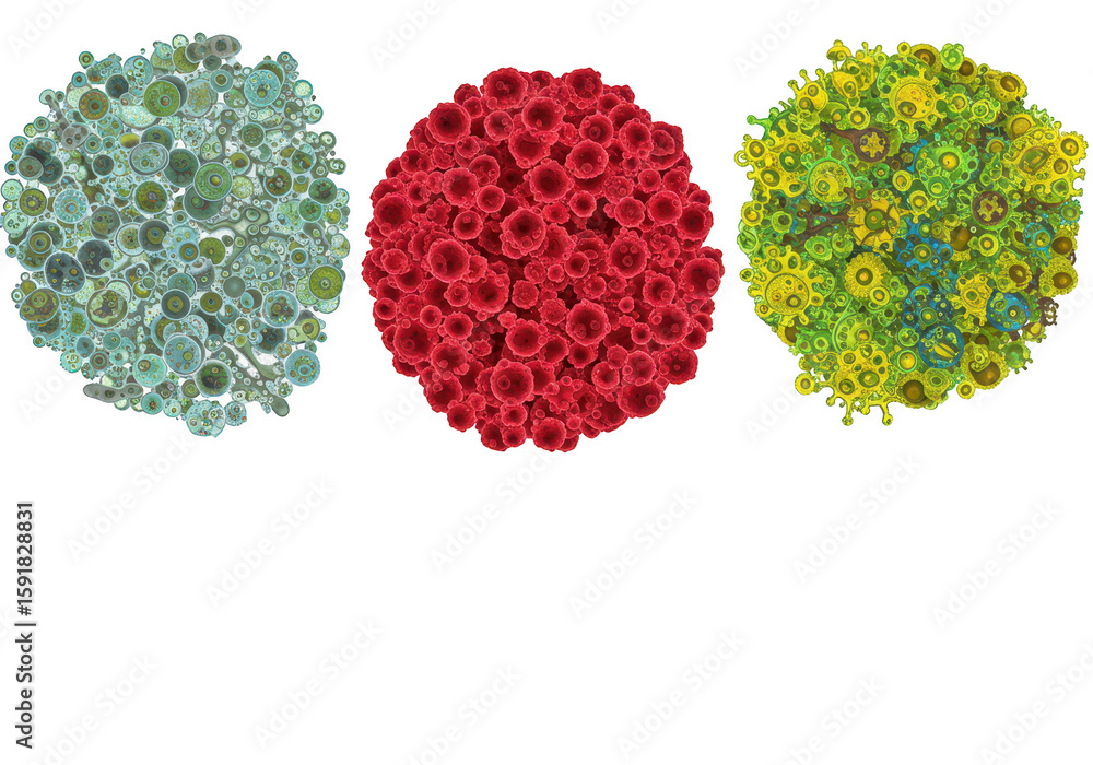 Poster three colorful, abstract virus and microbe clusters are displayed, isolated on a transparent backgro