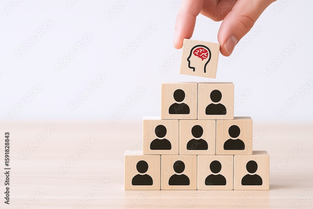 Poster hand placing a block with a brain icon on top of stacked cubes with user icons representing teamwork