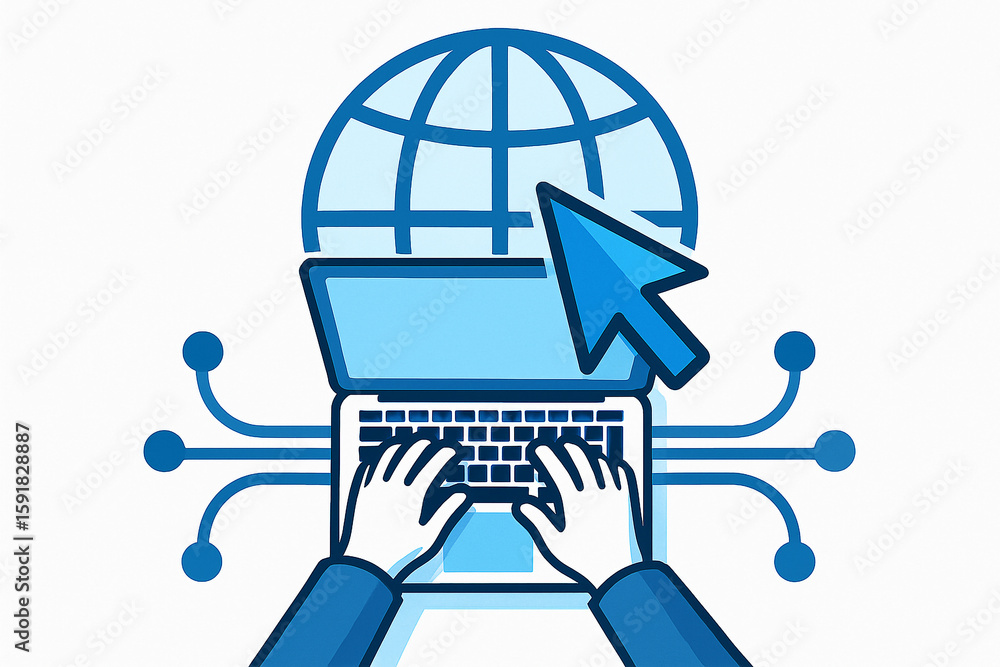 Poster internet connection and global network with laptop and cursor for online business and technology con