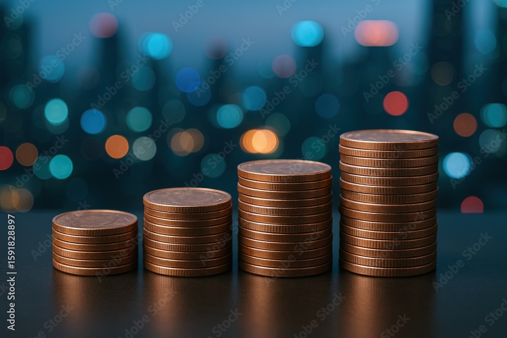 Aufkleber stack of coins arranged from smallest to largest with blurred city lights background.