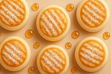 Fluffy Mini Pancakes Flatlay with Powdered Sugar and Honey Drops on Pastel Background – Modern Breakfast Food Pattern, Soft Light, Copy Space.
