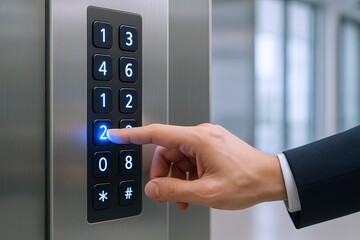 Close-up of a hand pressing the elevator button on a modern metallic lift control panel.